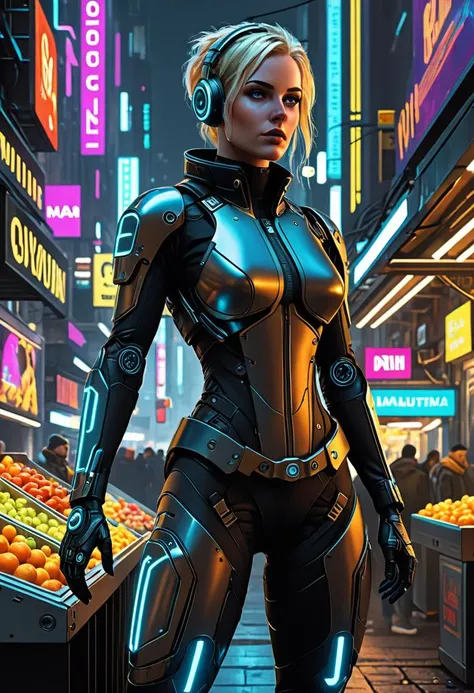 breathtaking Visually-arresting nanotechnological woman, vibrant atmosphere of a futuristic street market, bustling crowd. She dons tactical techwear that seamlessly integrates with her augmented petite athletic physique, cybernetic implants, mechanical arms, dimly glowing mechanical eyes., integration of organic and synthetic intelligence. Nearby vendors peddle illicit goods contributing to the gritty urban milieu. This close-up scene captures the raw essence of cyberpunk culture, blending high-tech aesthetics with streetwise attitude. Each element is rendered in meticulous detail, from the fibers of her outfit to the glowing advertisements overhead, immersing viewers in a world where technology and humanity exist on a knife's edge. Natural volumetric lighting. style of Dan McPharlin, style of Maciej Kuciara, style of Stephan Martiniere, . award-winning, professional, highly detailed,