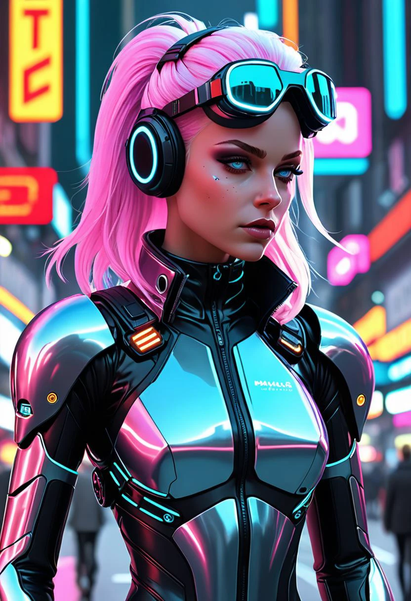 retro-futuristic Visually-arresting nanotechnological woman, vibrant atmosphere of a futuristic street market, bustling crowd. She dons tactical techwear that seamlessly integrates with her augmented petite athletic physique, cybernetic implants, mechanical arms, dimly glowing mechanical eyes., integration of organic and synthetic intelligence. Nearby vendors peddle illicit goods contributing to the gritty urban milieu. This close-up scene captures the raw essence of cyberpunk culture, blending high-tech aesthetics with streetwise attitude. Each element is rendered in meticulous detail, from the fibers of her outfit to the glowing advertisements overhead, immersing viewers in a world where technology and humanity exist on a knife's edge. Natural volumetric lighting. style of Dan McPharlin, style of Maciej Kuciara, style of Stephan Martiniere, . vintage sci-fi, 50s and 60s style, atomic age, vibrant, highly detailed,