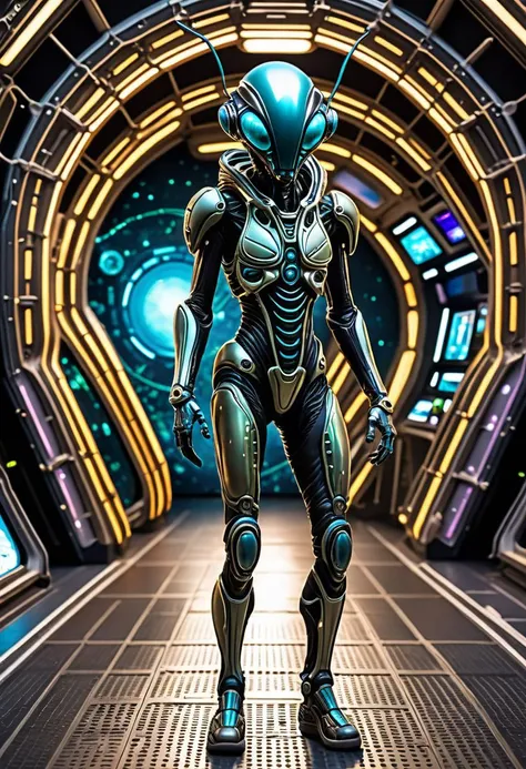 alien-themed female temporal archaeologist, insectoid specie- insect-like being with segmented exoskeletons, multifaceted eyes, and antennae, microchip sling bag , striking a pose while navigating through galactic adventures, alien relic exhibition hall, bioluminescent quantum-metallic composites, . extraterrestrial, cosmic, otherworldly, mysterious, sci-fi, highly detailed,