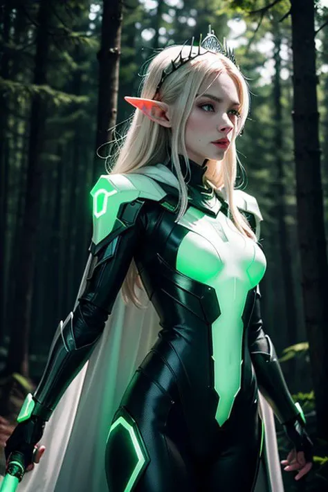 photo realistic elf woman, white blond, green eyes, high quality, skin pores, pale gray skin, best quality, highres, (high detail), [3lf3ars|pointy ears:0.7], black cybernetic suits with neon lights, robotic exosuit,<lora:ElfEarCuffs-70:0.9>, green cloak, neon green tiara, <lora:Tweak_Detail25:0.8>. full body shot, holding a lightsaber sword in right hand, dark enchanted forest background, bokeh, magic orbs floating everywhere