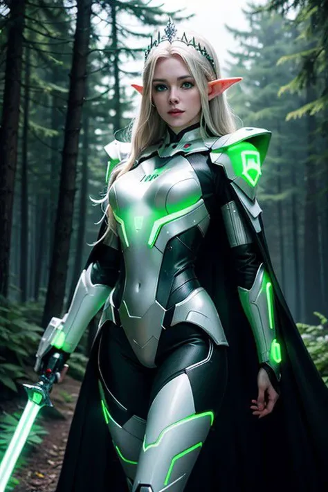 photo realistic elf woman, white blond, green eyes, high quality, skin pores, pale gray skin, best quality, highres, (high detail), [3lf3ars|pointy ears:0.7], black cybernetic suits with neon lights, robotic exosuit,<lora:ElfEarCuffs-70:0.9>, green cloak, neon green tiara, <lora:Tweak_Detail25:0.8>. full body shot, holding a lightsaber sword in right hand, dark enchanted forest background, bokeh, magic orbs floating everywhere