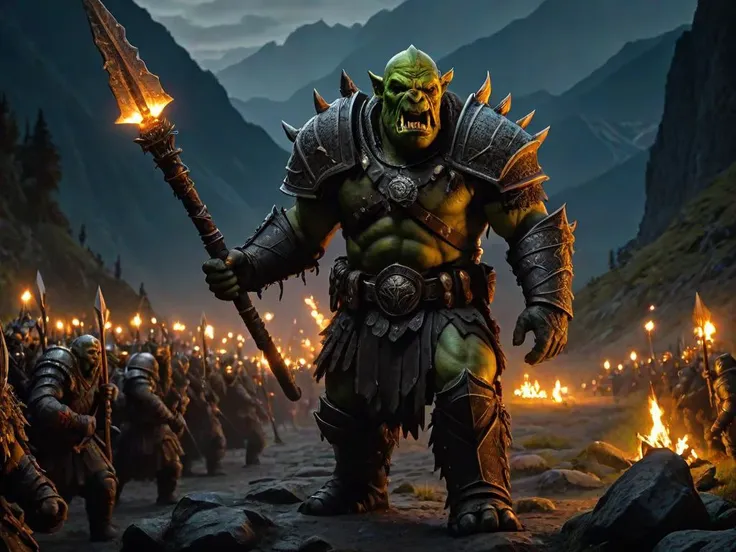 (masterpiece, best quality), (highly detailed), 1orc, orc in full armour holding a torch, in the background orcs on the march, at night, carrying torches, stench, fear, mountain path
(fantasy art), Eerie Torchlight Lighting, Film Grain, 4K, F/1.8