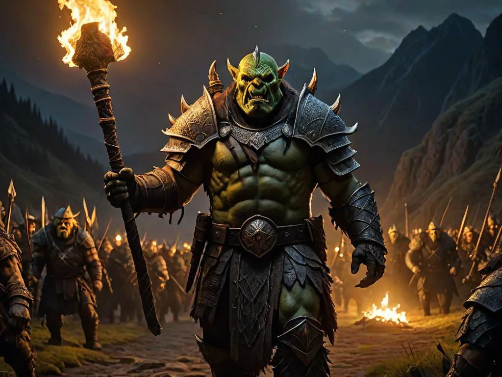 (masterpiece, best quality), (highly detailed), 1orc, orc in full armour holding a torch, in the background orcs on the march, at night, carrying torches, stench, fear, mountain path
(fantasy art), Eerie Torchlight Lighting, Film Grain, 4K, F/1.8