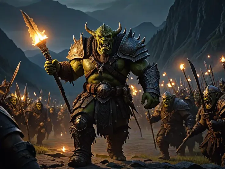 (masterpiece, best quality), (highly detailed), 1orc, orc in full armour holding a torch, in the background orcs on the march, at night, carrying torches, stench, fear, mountain path
(fantasy art), Eerie Torchlight Lighting, Film Grain, 4K, F/1.8