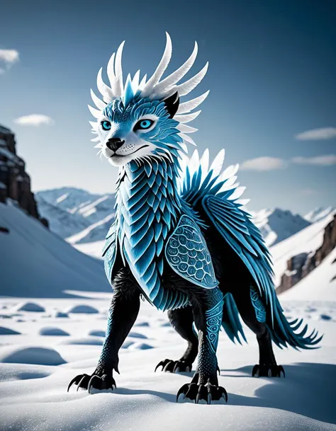 cinematic film still a scifi frozen earth streamlined Coatl, Envision a futuristic ice age where a magnificent a scifi frozen earth streamlined Coatl thrives. Majestic and sleek, this sci-fi adaptation appears perfectly adapted to survive in subzero temperatures, boasting insulating layers of snow-white feathers and razor-sharp icicles doubling as defensive armor. Glowing azure eyes emit an ethereal light source, illuminating the bleak terrain as it glides effortlessly across the frozen wasteland. Streamlined curves replace traditional bulky frames, enabling efficient locomotion through dense snowdrifts. Combining elements of Aztec mythology and science fiction, this inventive interpretation pays homage to both genres while presenting a fresh take on post-apocalyptic fauna. . shallow depth of field, vignette, highly detailed, high budget, bokeh, cinemascope, moody, epic, gorgeous, film grain, grainy,