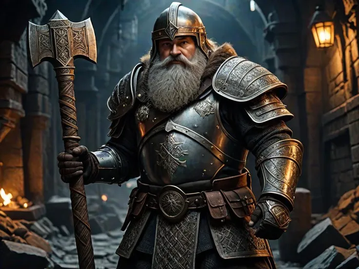 (masterpiece, best quality), (highly detailed), 1dwarf, dwarf in full armor, holding hammer, helmet, metal gauntlets, braided beard, large hammer, background underground city, indoors, dark sky, at night, stench, fear,  (fantasy art), Eerie Torchlight Lighting, Film Grain, 4K, F/1.8
 <lora:add-detail-xl:1.0>