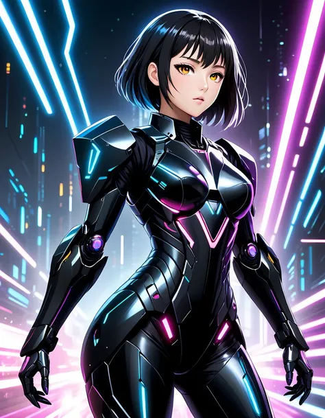 manga style sci-fi style a girl in the dark, mecha, sci-fi armor, sleek black matte angular armor, Bladerunner 2049, against a dark scifi background, rim lighting,civilizations . futuristic, technological, alien worlds, space themes, advanced civilizations, . vibrant, high-energy, detailed, iconic, Japanese comic style,