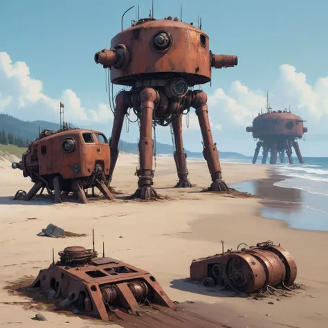 (beach:1.5) where a group of rusty (biomechanical machines:1.3) (barren:1.3) in the style of (Simon Stalenhag:1.2)
