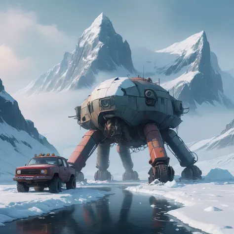 (arctic glaciers:1.5) where dozens of wrecked (biomechanical machines:1.3) (foggy:1.3) in the style of (Simon Stalenhag:1.2) <lora:add-detail-xl:1>