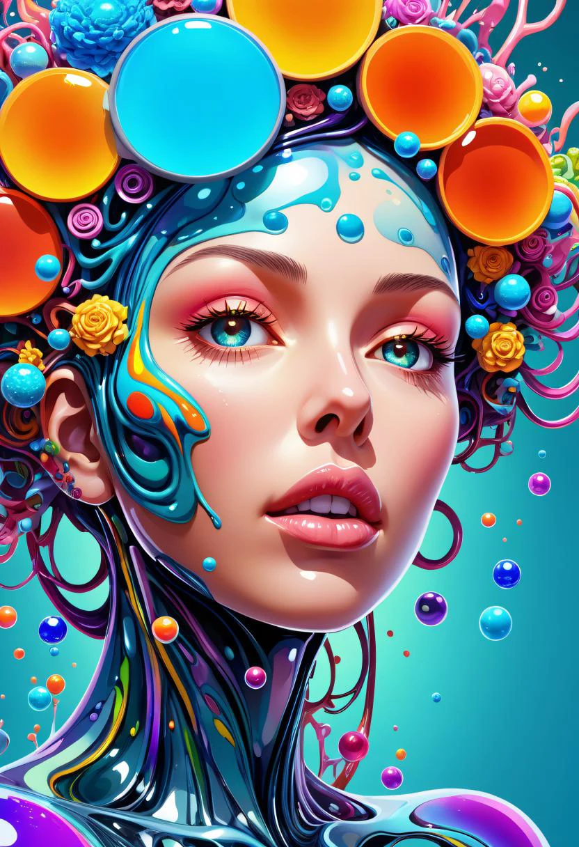psychedelic style biomechanical style illustration beautiful woman, colorful melting human head. acrylic bubbles and flowers, ferrofluids, water distortions. looking up, intricate abstract. intricate artwork. beeple. blend of organic and mechanical elements, futuristic, cybernetic, detailed, intricate, dark theme, (in awe:1.2), confident, (surprised:0.7), natural skin, style of Stan Manoukian, physically based unbiased rendering, 3d style, . vibrant colors, swirling patterns, abstract forms, surreal, trippy,