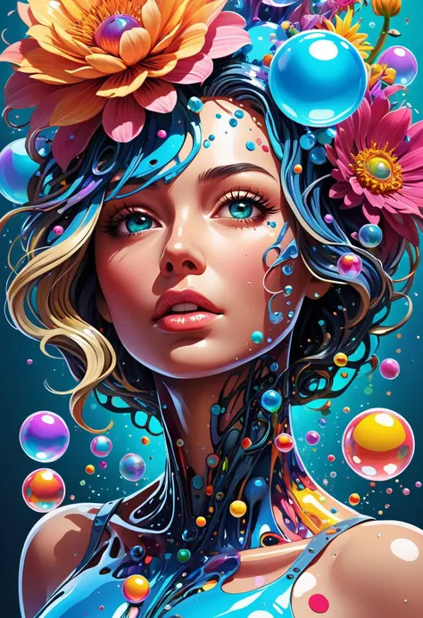 expressionist biomechanical style illustration beautiful woman, colorful melting human head. acrylic bubbles and flowers, ferrofluids, water distortions. looking up, intricate abstract. intricate artwork. beeple. blend of organic and mechanical elements, futuristic, cybernetic, detailed, intricate, dark theme, (in awe:1.2), confident, (surprised:0.7), natural skin, style of Stan Manoukian, physically based unbiased rendering, 3d style, . raw, emotional, dynamic, distortion for emotional effect, vibrant, use of unusual colors, detailed,
