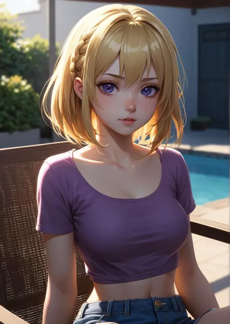 3d anime masterpiece is a testament to both artistry and technical prowess, (masterpiece, best quality, hires, high resolution:1.2), (extremely detailed, realistic, intricate details, highres), 1girl, solo, looking at viewer, blonde hair, purple lipstick, triple bun, smirk, blush, eyeliner, eyeshadow, eyelashes, wearing short sleeve purple blouse, blue jeans shorts ripped, facing viewer, small breasts, thin muscular thighs, narrow hips, sitting on a comfy chair, (sunlight, cinematic lighting, perfect lighting, bloom), from eye level, background backyard swimming pool,  style of Casey Baugh, style of Charlie Bowater, detailed face, by makoto shinkai, stanley artgerm lau, wlop, rossdraws, concept art, digital painting, smooth soft skin, beautiful eyes, intricate colored hair, symmetrical, anime wide eyes, soft lighting
