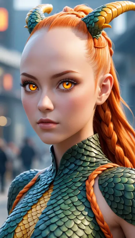 HDR photo of This stunning young woman, human dragon hybrid, extreme close-up, covered in green multicolored matte scales as skin, striking orange yellow reptilian eyes, dragon horns. Despite being bald except a braided auburn pony tail, she exudes confidence and strength, her expression conveying a sense of power and determination. dvrscls,style of Don Lawrence, style of (Will Murai:1.2), style of (Greg Rutkowski:0.8), <lora:dvrscls:0.5>, . High dynamic range, vivid, rich details, clear shadows and highlights, realistic, intense, enhanced contrast, highly detailed,