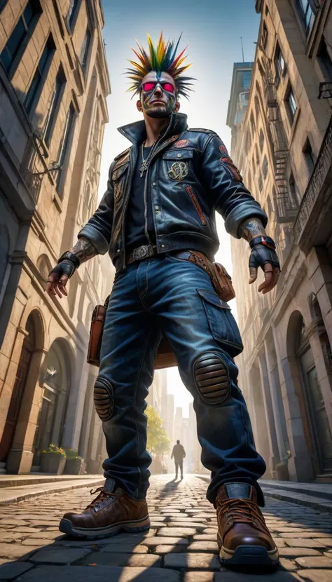 HDR photo of raypunk person, wide shot and from below, volumetric lighting. High dynamic range, vivid, rich details, clear shadows and highlights, realistic, intense, enhanced contrast, highly detailed,