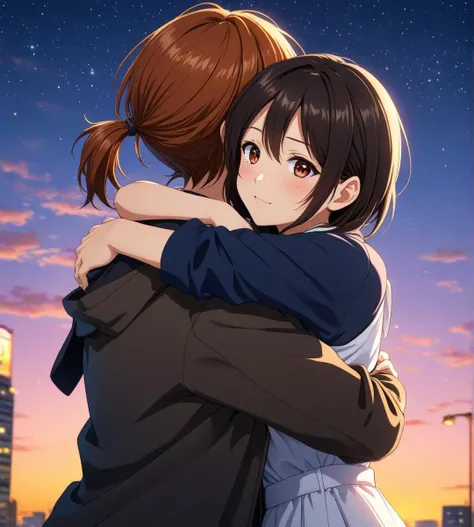 anime style, medium shot, 
best frends hugging, breathtaking