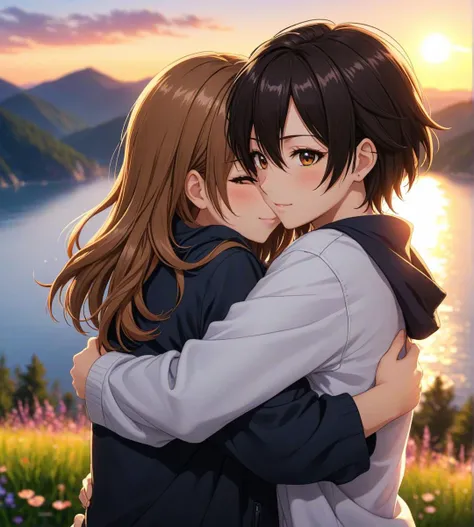 anime style, medium shot,
best frends hugging, breathtaking