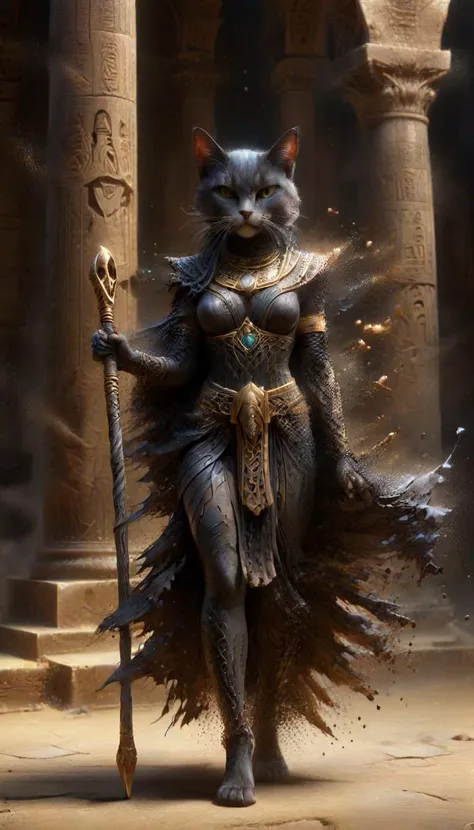 macabre style sophisticated, sleek black futuristic egyptian cat goddess Bastet, walking out of a darkened elaborate sandstone temple, timeworn hieroglyphs, wearing flowing robe, radiant golden belt sash, sandals, holding a staff, dramatically lit by caustic lighting,  <lora:ral-dissolve:1.2> ral-dissolve . dark, gothic, grim, haunting, highly detailed,