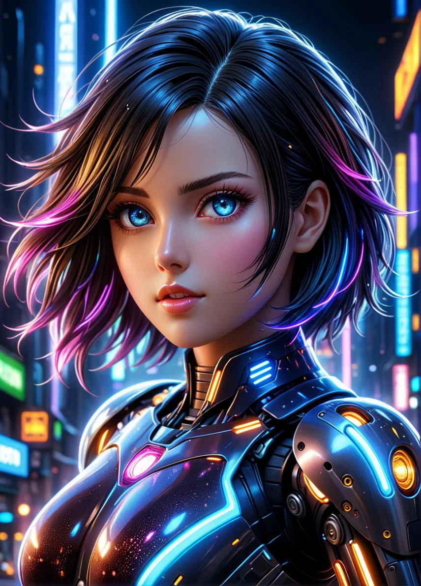 3d anime style cybernetic ral-ledlights robot breathtaking In this breathtaking world of Battle Angle at night, Alita comes to life in a stunning adaptation. Running towards the viewer, she commands attention, revealing every curve and line of her lean athletic form. Her charming and determined expression. The neon lights that bathe her in a warm glow. She maintains the same cool composure that made her such an iconic character. High contrast, vibrant colors, embedding:, extremely large detailed eyes. The overall effect is a stunning image that captures the style of Chris Cold and Jason Edmiston, SimplePositiveXLv2, <lora:ral-ledlights:0.5>