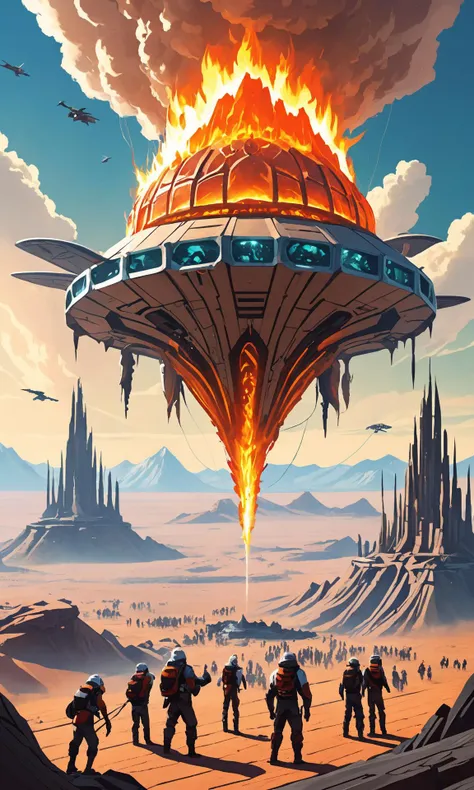 (A digital art image:1.3) of A futuristic fire smithy flying high up in the skies. You can see a lush Polar desert landscape below through gaps in the clouds. A crowd of female people pull a large workpiece behind them.