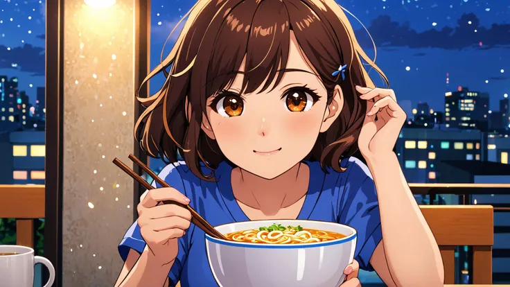 sfw, anime artwork, medium shot, Tokyo noodle restaurant, 1girl, detailed flawless skin, cute button nose, dimples, sitting at a table, wearing a blue v-neck t-shirt, short mini-skirt, comfortable sandals, medium black curly hair, beautiful face,stunningly radiant (brown eyes:1.2), a single small bowl of crispy squid noodle soup, (sucking up a noodle:1.3) into her mouth, (holding chopsticks in her hands:1.2),
a white teapot decorated in Japanese text, cup of green-tea,
An awkward encounter: the girl sitting across at another table, she is your (dream) girl, she is gorgeous, sparkling eyes, a creature from heaven,
anime style, sharp image, highly detailed, detailed background, soft late evening lighting, (small window:0.4), dull and raining, city landscape, (depth of field:0.2)