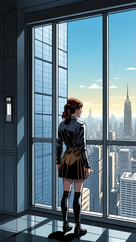 (A comic illustration:1.3) of a lonely female person looking out of a sky scraper window. The sci-fi room is tidy. It is a cinematic scene with strong key lighting presented as a comic. The outside is a futuristic city.