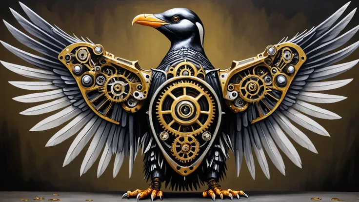 (An oil painting:1.3) of An industrial mechanical monster penguin with spread wings. gears and nuts holding the body and wings together. Incredibly intricate and highly detailed brass feathers.