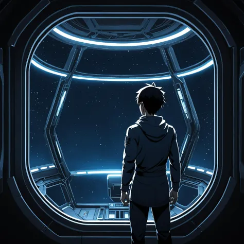 (An anime image:1.3) of a lonely male person looking out of a spaceship window. The sci-fi room is tidy. It is a cinematic scene with strong volumetric lighting presented as a anime. The outside is a warzone.