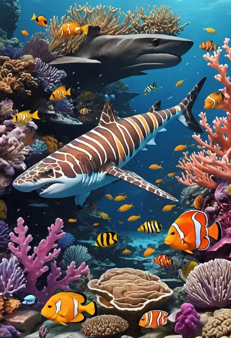 a shark near a reef with the coloring coloring and striping of a tiger