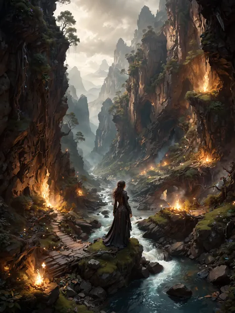by Brian Froud and Petros Afshar, ((no people:1.9)), photo-realistic medium full shot of an (otherworldly landscape:1.2), with canyons, a river, mountains, forest, (exquisite , elegant , masterful:1.4), bold lines, ultra-detailed, award winning, dark limited color palette, high contrast, depth of field, (intricate details, masterpiece, best quality:1.4), underlighting, dynamic pose, wide angle panoramic view, <lora:add-detail-xl:0.5> <lora:xl_more_art-full_v1:0.5><lora:add_detail:1>,<lora:epi_noiseoffset2:1>