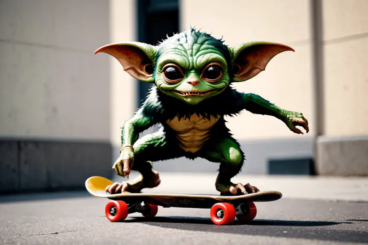 Leica portrait of a gremlin skateboarding, sparse and simple, UHD image, urbancore, period snapshot