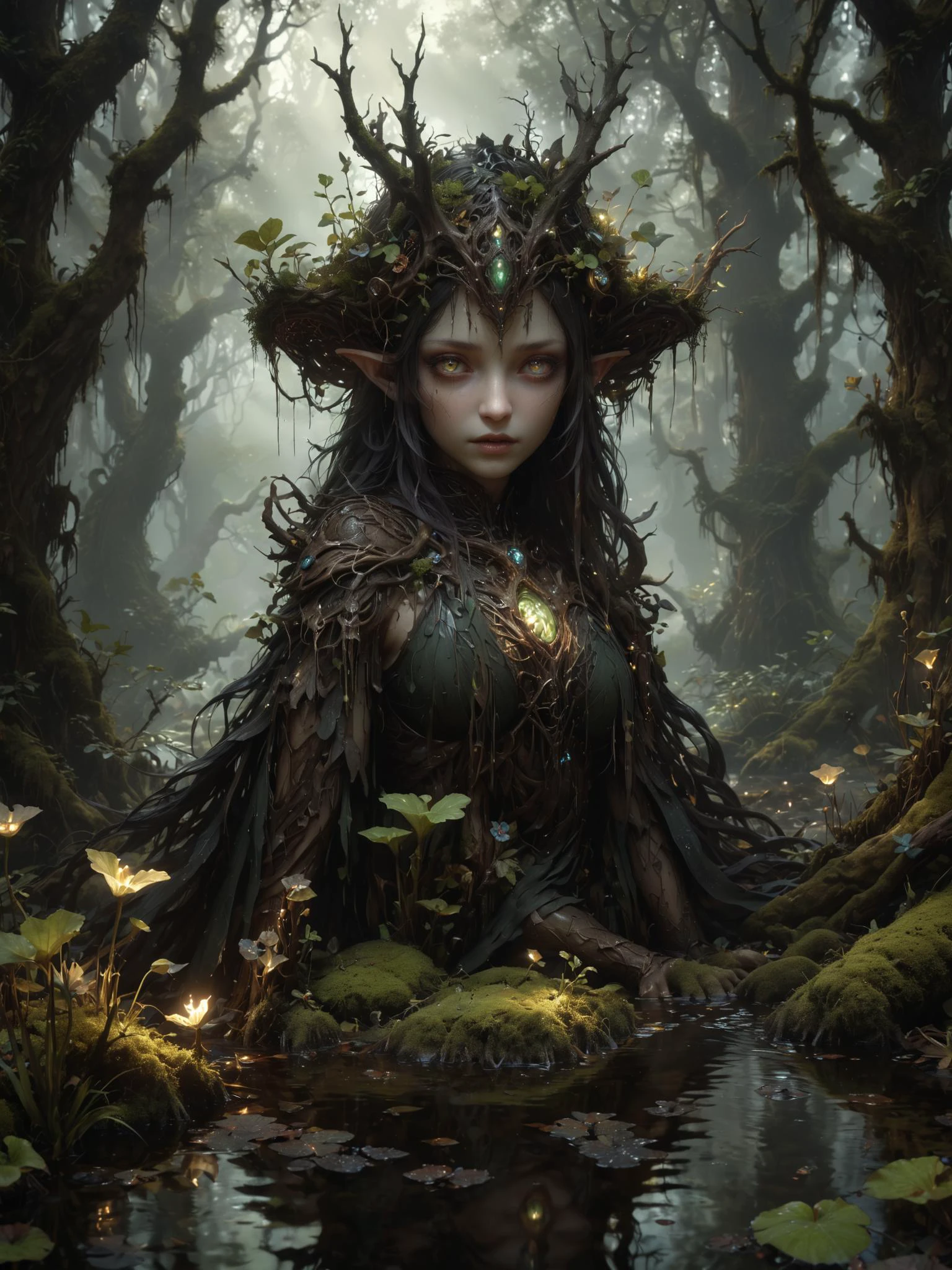 by Brian Froud and Petros Afshar, ((no people:1.9)), photo-realistic medium full shot of an (otherworldly landscape:1.2), swamp, (exquisite , elegant , masterful:1.4), bold lines, ultra-detailed, award winning, dark limited color palette, high contrast, depth of field, (intricate details, masterpiece, best quality:1.4), underlighting, dynamic pose, wide angle panoramic view, <lora:add-detail-xl:0.5> <lora:xl_more_art-full_v1:0.5><lora:add_detail:1>,<lora:epi_noiseoffset2:1>