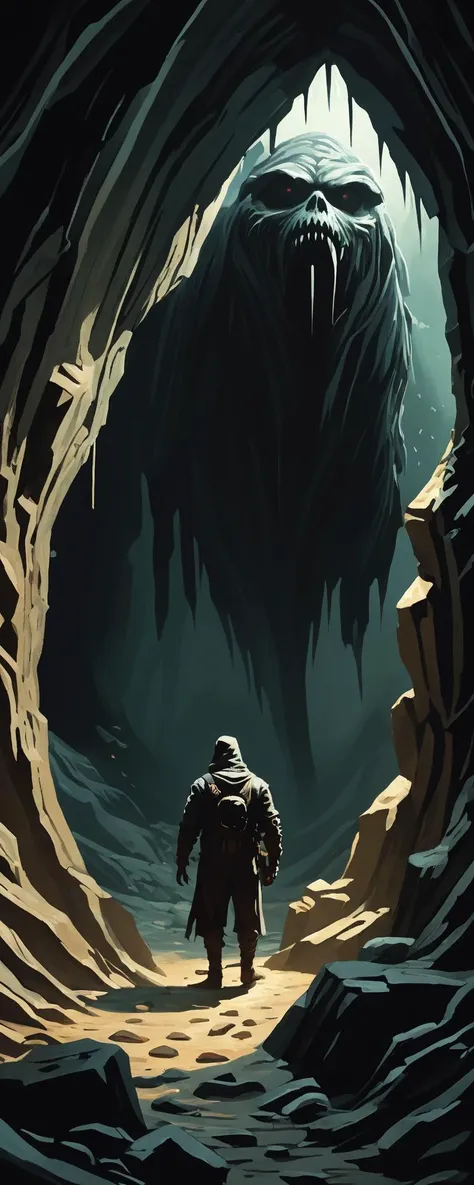 (An oil painting:1.3) of random celebrity exploring a dark cave with monsters lurking in the shadows.