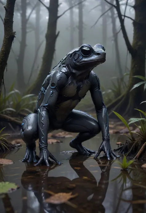 macabre style poison dart frog, wearing a transparent stillsuit,sneaking through a dark swamp, moody and eerie, light fog, <lora:StillsuitXL_v1.32:0.3>, . dark, gothic, grim, haunting, highly detailed,