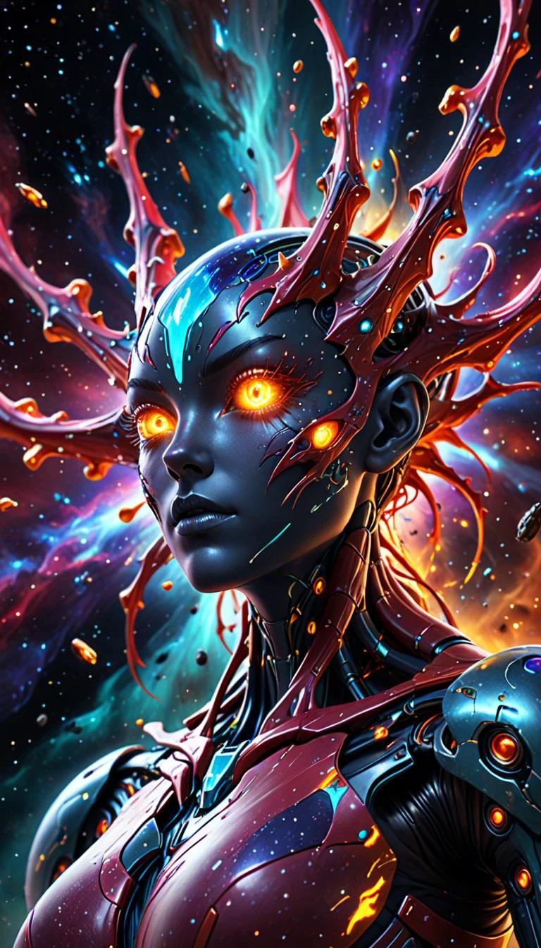 Abstract style nano-infused mutants, mutants with nanobots integrating into their bodies, granting extraordinary abilities, a dark nebula in the background, . Non-representational, colors and shapes, expression of feelings, imaginative, highly detailed