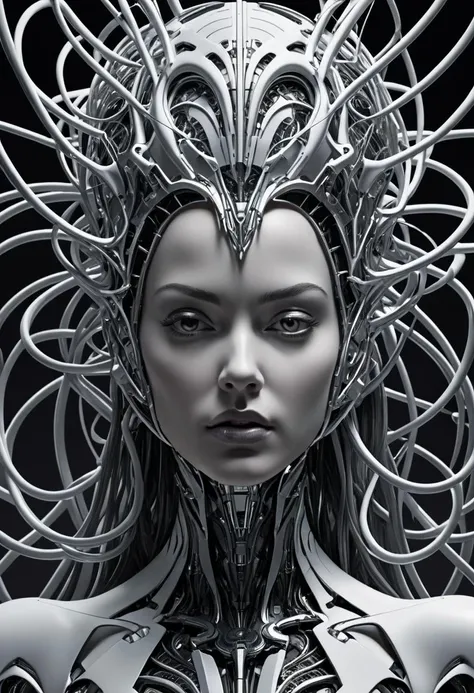 biomechanical style    Visualize a striking piece of conceptual art introducing a futuristic, bioengineered woman whose scalp bears intricate neural networks instead of hair, rendered in Stan Manoukian's distinctive style. Place the subject alone against a backdrop of swirling cosmic clouds, evocative of a distant, mysterious dark nebula. Frame the scene using a cowboy shot, enabling her intense gaze to connect directly with the observer. Express emotions ranging from confidence to surprise, tempered by moments of profound awe sparked by self-discovery. Leverage physically based unbiased rendering techniques to achieve unparalleled realism, leveraging naturally occurring light sources and tender shadows to underscore key aspects of the composition. Delve deeper into macabre and moody lighting scenarios, bolstering the unsettling nature of this imagined creation. Lastly, execute every aspect with painstaking precision, pushing boundaries of resolution well beyond 4K, achieving staggering detail levels coupled with high-contrast color schemes certain to enthrall discerning connoisseurs worldwide. . blend of organic and mechanical elements, futuristic, cybernetic, detailed, intricate