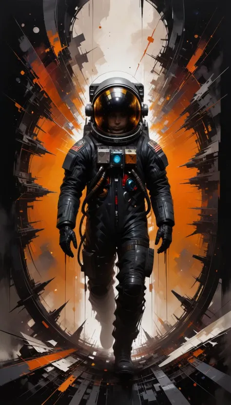 abstract expressionist painting visually arresting quantum entangled cosmonaut on a spaceship, sentient spaceship, luminescent displays, flying through a portal, psychedelic space warps in the backgrou8nd,  convey the disorienting and paradoxical nature of quantum physics, style of Andy Fairhurst, style of Russ Mills, . energetic brushwork, bold colors, abstract forms, expressive, emotional