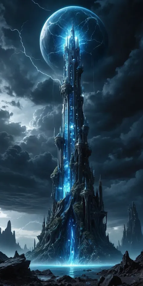 (intricate detail, 8k uhd, dslr, soft lighting, high quality, film grain:1.1),
a (crystal:1.3) tower in an exotic alien landscape surrounded by bioluminescent creatures, a sapphire sky with dark clouds looming above,crystal,storm