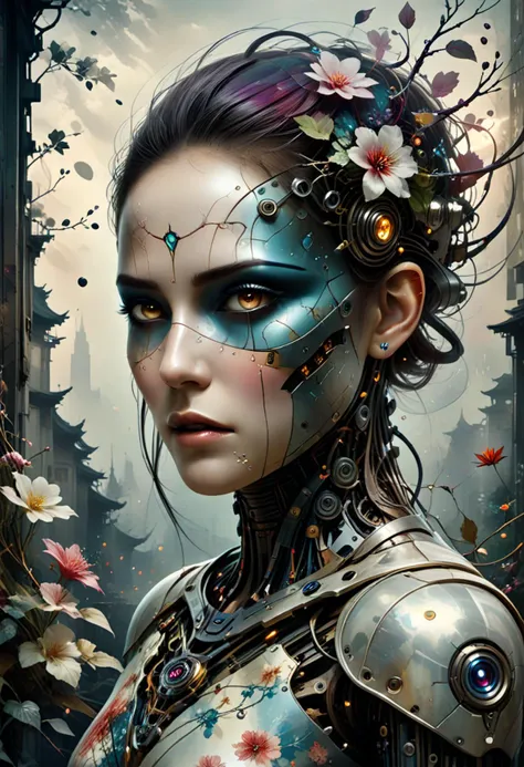 a close up of a woman with a futuristic face and flowers in her hair