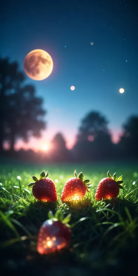 (8k digital photography, raw photo:1.2),
closeup picture of neon (translucent glass:1.1) strawberries in the grass in a serene summer landscape at dusk,reflective gold moon
 <lora:M05_Intensify:1.0>