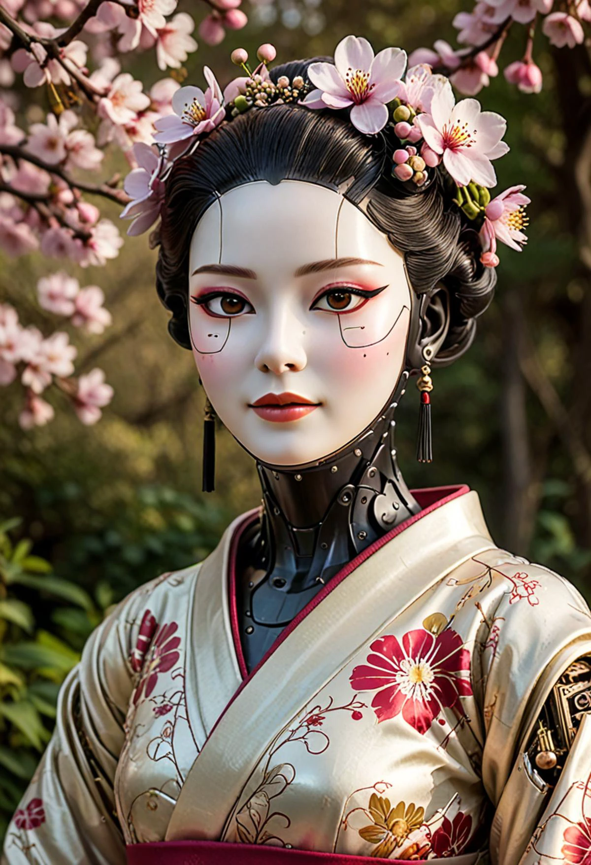 analog film photo (zavy-cbrpnk, faceplate:1.4), elegant humanoid robot geisha, floral kimono, soft subtle colors, suggestive smile, from the side, looking at viewer, eye catch-lights, atmospheric lighting, soft shadows, outdoors in the shade, flower garden, bokeh, <lora:zavy-cbrpnk-sdxl:0.7>,
<lora:Hyper-SDXL-8steps-lora:1.0> . faded film, desaturated, 35mm photo, grainy, vignette, vintage, Kodachrome, Lomography, stained, highly detailed, found footage