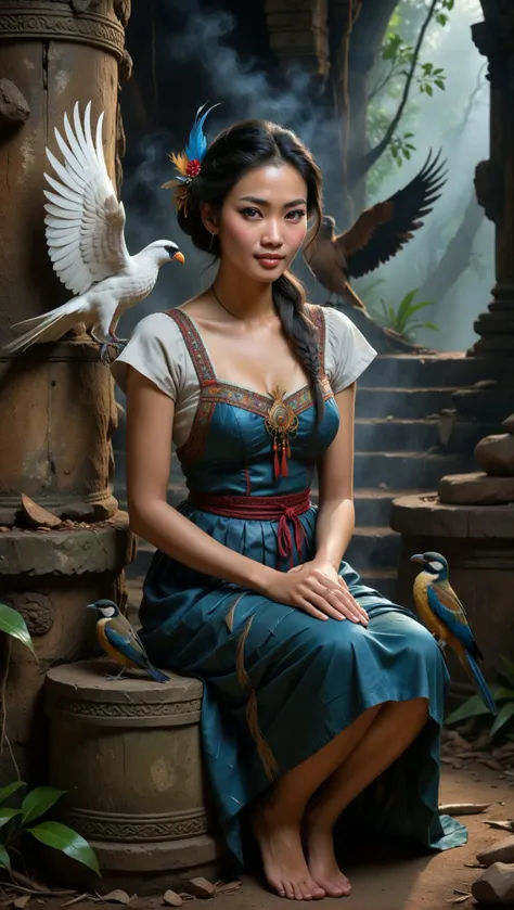 smocked style, pleated, textured, patterned, colorful in "the well of contemplation," a 42 year old taxidermist sits cross legged beside a well, surrounded by the eerie silence of a misty night. her worn leather apron is stained with the residue of her craft, and a faint scent of mothballs wafts from her dusty fingers as she strokes the feathers of a kun khmer's wing. the air is heavy with thought provoking tension, as if the weight of centuries old secrets lingers within the well's ancient stones. the virtual ink sketch style brings a dreamlike quality to the scene, with bold brushstrokes and subtle texture blends that evoke the tactile sensation of tracing ink onto rough paper. as the eye wanders across the composition, it becomes apparent that the taxidermist is not merely posing beside the well, but has become one with the environment    her form blending seamlessly into the shadows, as if she were a mere extension of the night itself. the kun khmer, perched upon a nearby stone lip, seems to regard the taxidermist with an unblinking gaze, its beak like mouth twisted into a subtle, knowing smile. the artist's rendering of the bird's plumage is breathtakingly lifelike, each feather etched in meticulous detail that invites the viewer to reach out and touch. yet, despite the incredible realism, there is something unsettling about the kun khmer's presence    as if it holds secrets that only the wind may know, and which the taxidermist is desperate to uncover. as the mist swirls around the well, it becomes clear that "the well of contemplation" is less a scene than an invitation to pause, reflect, and unravel the mysteries that lie just beneath the surface.