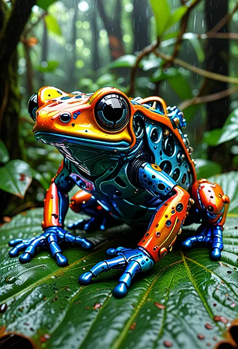 breathtaking Surrealist art cybernetic robot android poison dart frog, sitting on a large leaf, amazon rain forest, dazzling vibrant colors,. android, AI, machine, metal, wires, tech, futuristic, highly detailed, . Dreamlike, mysterious, provocative, symbolic, intricate, detailed
 <lora:Hyper-SDXL-8steps-lora:1.0> . award-winning, professional, highly detailed