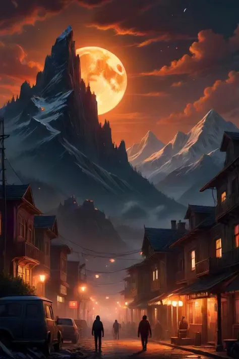 ASCIIthe scene unfolds in a world where the cityscape and mountain range take on a life of their own. as the moon, bathed in a warm orange glow, rises above the peaks, it seems to breathe life into the stone giants that dominate the skyline. towers of steel and glass rise high, reaching for the heavens as if trying to touch the moon itself. their lights twinkle like stars scattered across the canvas of the night, casting long shadows on the bustling city streets below. in this city, every building has its story a history etched into its very walls. yet, with the moon's presence, they all seem to come alive, pulsating with an energy unseen before. the streets are alive with the rhythm of life; people rushing from one corner to another, cars weaving through the roads, creating a symphony of urban music. beyond the city limits, nature asserts its majestic power. snow capped mountains loom large, their peaks piercing the clear night sky. they stand tall and proud, a testament to the enduring strength of the natural world. as the moon continues its steady climb towards the zenith, the entire landscape is set ablaze by a symphony of colors oranges, yellows, and reds blending together to create a breathtaking view. the city's lights and the moon's radiance merge seamlessly, illuminating every nook and cranny, making every detail stand out. this moment, captured in time, is nothing short of a dance between the man made marvels of the city and the celestial beauty of the moon. it's a scene that encapsulates the harmony of human ingenuity and nature's grandeur, reminding us of the connection we share with our surroundings., detailed 4k horror artwork, dan mumford. concept art, dan mumford. maya render, dan mumford tom bagshaw, sci fi horror artwork, horror fantasy art, by tuomas korpi, el bosco and dan mumford
