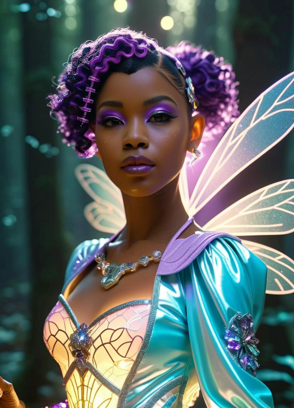 photo of an retro-futuristic biomechanical cyberpunk (woman:1.1 ) (radiant fairy) young woman, south african, brown eyes, dark skin, curvy, wearing a floral blouse,flowing skirt with sparkling details, shimmering ankle boots, purple curly hair with glitter highlights, glowing crystal wings, subtle blush with a shimmer,holding a magical wand adorned with gemstones,crystal-embellished belt, set in a lush forest, filled with vibrant flowers and sparkling streams, where fairies gather to dance and sing, at dawn <lora:sss:0.8>, subsurface scattering, Photorealistic, Hyperrealistic, analog style, realistic, film photography, soft lighting, heavy shadow . cybernetics, human-machine fusion, dystopian, organic meets artificial, dark, intricate, highly detailed . vintage sci-fi, 50s and 60s style, atomic age, vibrant, highly detailed <lora:envyStarlight_v10:0.6> <lora:ip-adapter-faceid-plusv2_sdxl_lora:1>