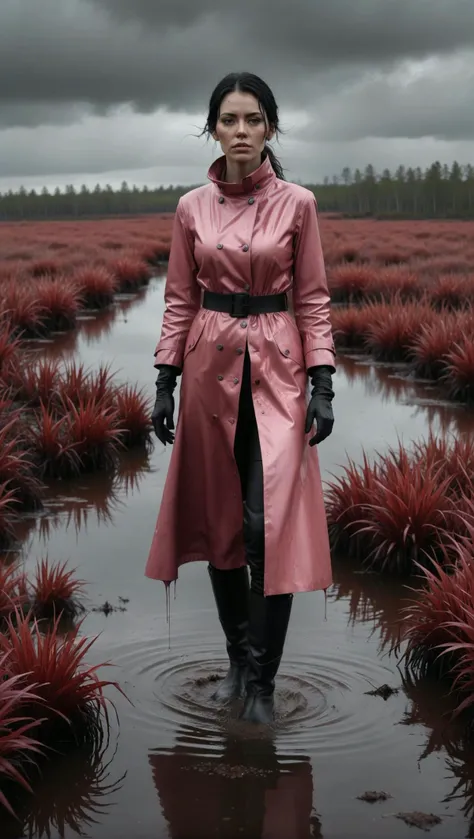 infrared photoshoot, surreal, dreamlike, high contrast, pink tinted in "mire of malaise," a haunting video art piece set amidst the murky wetlands, a 42 year old biohacker trudges through the soggy terrain, her worn boots sinking into the quagmire. her eyes, sunken and weary, betray a sense of listlessness, as if the very act of living has become a chore. the camera pans across the landscape, capturing the dull gray hues of the wetland's vegetation, the air thick with an unsettling stillness. as the biohacker moves through the mire, her footsteps stir up tiny whirlpools of water, like miniature tornadoes that seem to suck the life from the surrounding environment. the video art style amplifies this sense of stagnation, using slow motion and deliberate zooms to draw attention to every tedious step. even the soundscape contributes to the atmosphere, a cacophony of dripping water and distant bird calls creating an oppressive din. despite the biohacker's air of boredom, her very presence seems to amplify the wetland's sense of foreboding. it is as if she has awakened some malevolent force, one that hangs heavy in the air like a palpable mist. "mire of malaise" is a disquieting exploration of the intersection between human apathy and the unsettling power of nature.