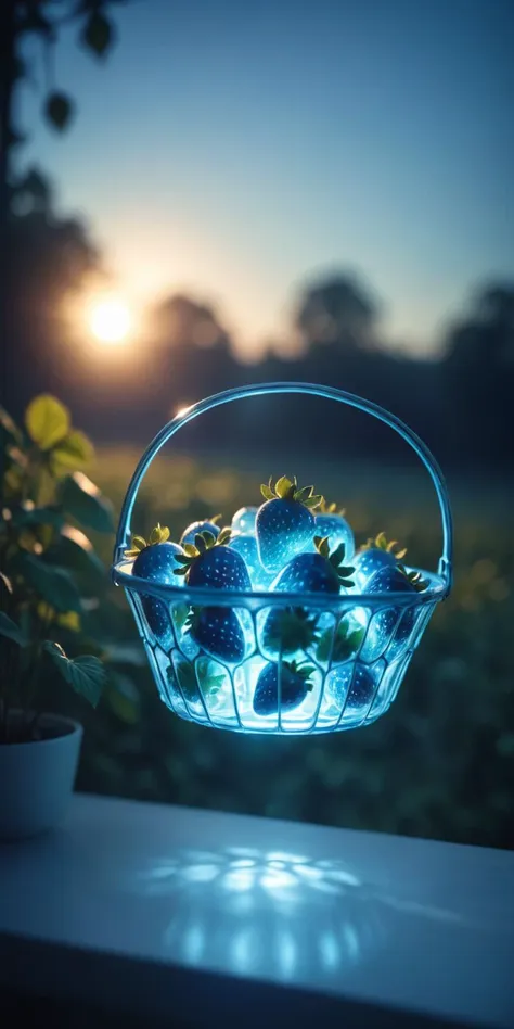 (8k digital photography, raw photo:1.2),
closeup picture of blue (translucent glass:1.1) strawberries in a basket in a serene  landscape at dusk,shimmer green 
 <lora:M05_Intensify:1.0>