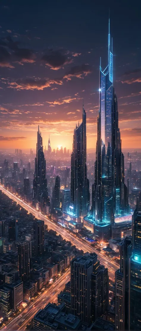 (intricate detail, 8k digital photography,film grain:1.2),
a glittering science fiction skyline at dusk, shiny glistening
