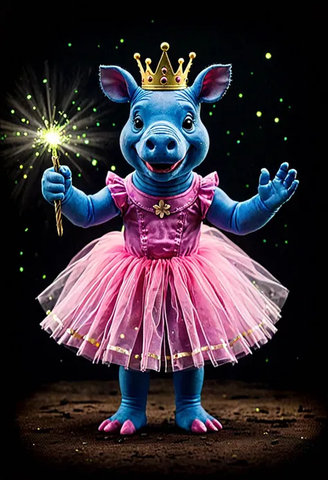 Fairy tale hippopotamus, zavy-flrscnc, standing up, wearing a tutu, shy smile, against a dark background, <lora:zavy-flrscnc-sdxl:0.4>, zavy-flrscnc, fluorescent, dust,
<lora:Hyper-SDXL-8steps-lora:1.0> . Magical, fantastical, enchanting, storybook style, highly detailed
