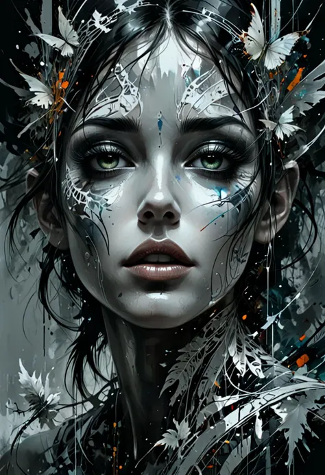 abstract expressionist painting close-up of face, elven magic ethereal quality, manifesting in shimmering silvery light, weaves intricate patterns in the air, carries the elegance and ancient wisdom, resemble delicate filigree, flowing script in an ancient tongue, faint harmonious melody, distant chorus of ethereal voices, resonate with the natural world, blending the mystical with the beauty of the wild, white and gray and unusual colors,
<lora:sdxl_lightning_8step_lora:1.0> SimplePositiveXLv2 <lora:RussMillsXL:1.0> rsmls, surreal, abstract, dark, russ mills <lora:RMSDXL_Enhance:1.0> . energetic brushwork, bold colors, abstract forms, expressive, emotional