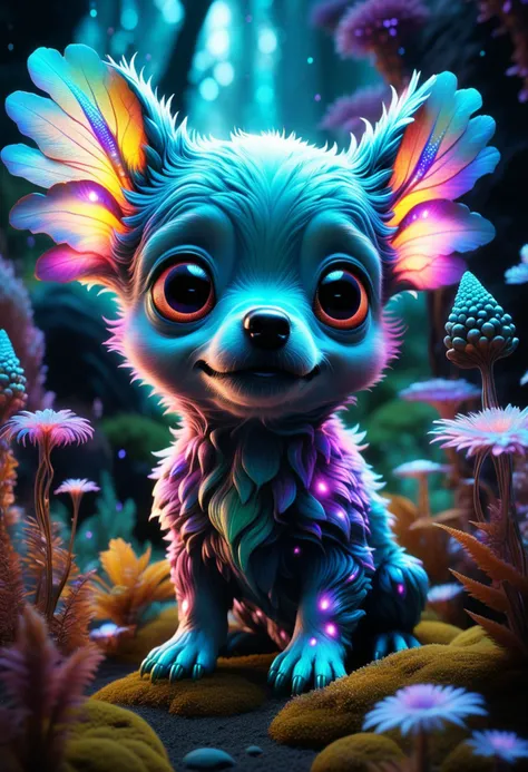 theweirdies, A playful puppy-alien hybrid frolics amidst the bioluminescent flora of a vibrant alien planet, its fur shimmering with iridescent hues, large, expressive eyes gaze curiously at strange, glowing plants, a sense of wonder and innocence permeates the scene, style of Yoshitaka Amano blended with the whimsical charm of Beatrix Potter, soft lighting, pastel color palette.